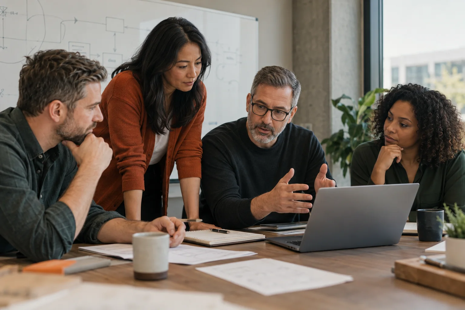 Experienced technology professionals collaborating around a laptop