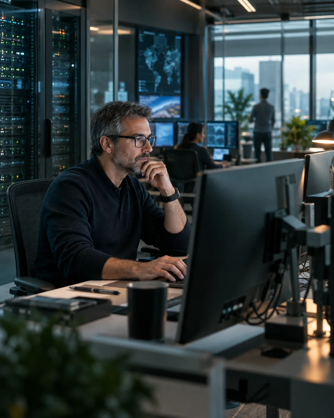 A senior engineer working inside a modern infrastructure operations studio