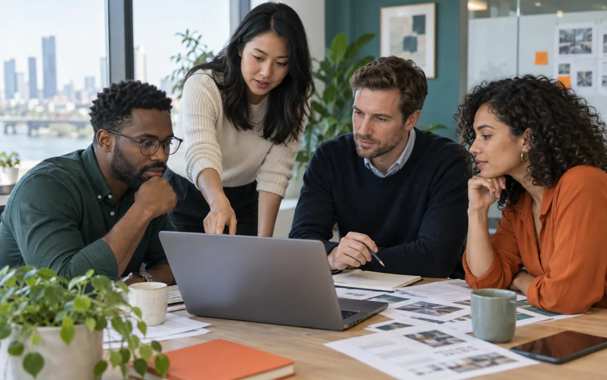 A cross-functional team learning together around a laptop